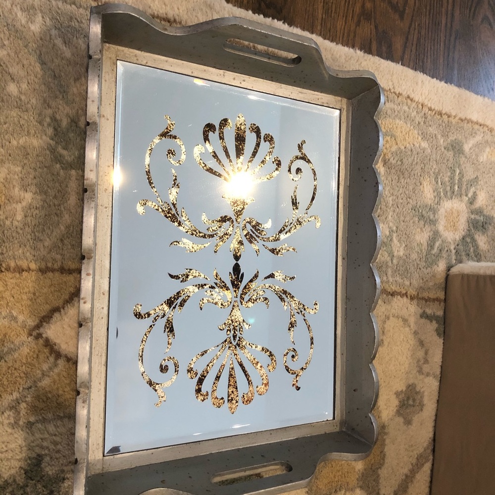 Grey, Mirrored Tray with Gold Pattern/Detailing
